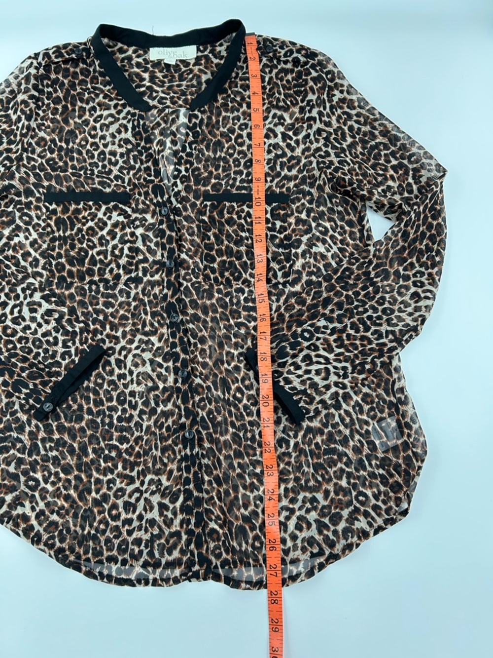 Leopard Print Sheer Olive & Oak Button-Up Top in Brown and Black M - Picture 8 of 9